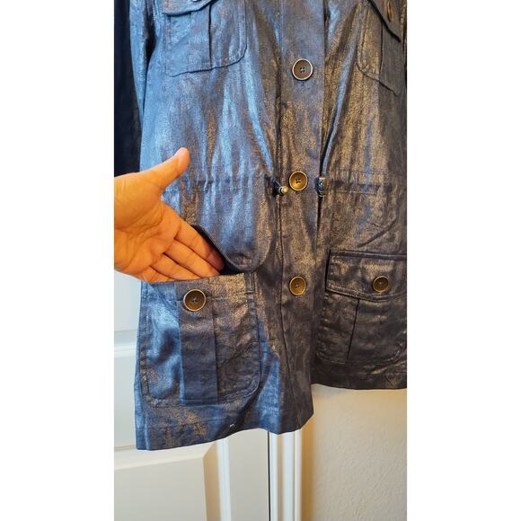 Chicos Women's Blue Floral Metallic Shimer Roll Tab Sleeve Jacket Size 1 - Picture 5 of 16